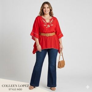 Colleen Lopez Orange V-neck embroidered floral designs size 3X. Style #648153